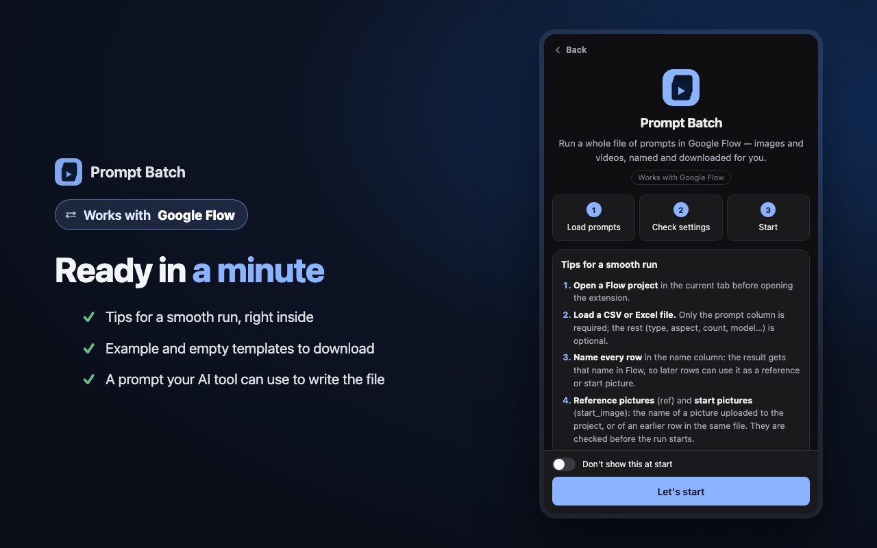 Prompt Batch welcome screen with tips and templates